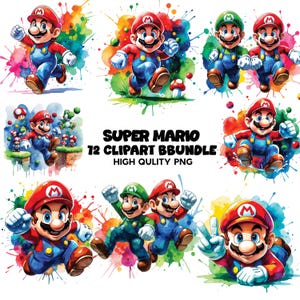 Op de afbeelding: Een verzameling illustraties in aquarel-stijl met de Super Mario-personages. Mario en Luigi worden afgebeeld in verschillende actieposes, tegen kleurrijke achtergronden van verfspatten. De tekst "SUPER MARIO 12 CLIPART BBUNLE HIGH QULITY PNG" is ook opgenomen.