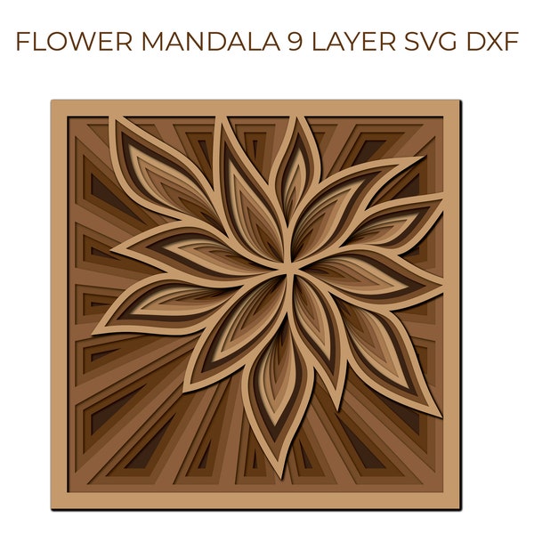 Flower Leaf Mandala Square 9 Layer Multilyer 3d Laser Cut Paper Wood Metal Cricut Silhouette Vectoral SVG DXF File Multilayer Wall Art