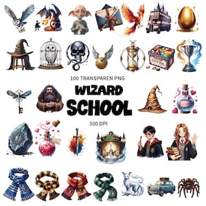 Könnte beinhalten: Eine Sammlung digitaler Illustrationen mit Elementen zum Thema Zauberschule. Enthält ein goldenes Ei, einen Phönix, einen Hut, einen Käfig mit einer Eule, einen Totenkopf, einen goldenen Schnatz, eine Sanduhr und den Text "WIZARD SCHOOL".