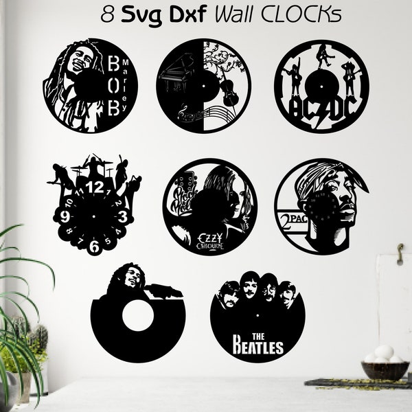 8 SVG DXF Wall Clocks  Bundle for Laser Cutting Machine  Wood Wall Clocks Graphic Designs Music Singer