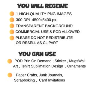 Pode incluir: Gr&aacute;fico branco com texto preto que diz "YOU WILL RECEIVE" e detalhes sobre imagens PNG, incluindo resolu&ccedil;&atilde;o e direitos de uso. O texto tamb&eacute;m lista usos como POD, adesivos e trabalhos em papel.