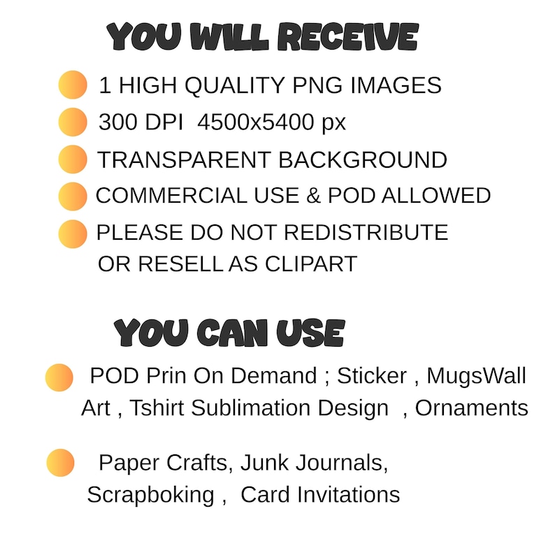 Pode incluir: Gr&aacute;fico branco com texto preto que diz "YOU WILL RECEIVE" e detalhes sobre imagens PNG, incluindo resolu&ccedil;&atilde;o e direitos de uso. O texto tamb&eacute;m lista usos como POD, adesivos e trabalhos em papel.