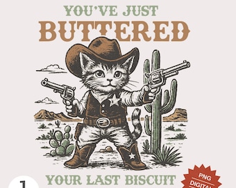 Gato Cowboy Engraçado PNG: Design de Camiseta Retro Western (Download Digital)