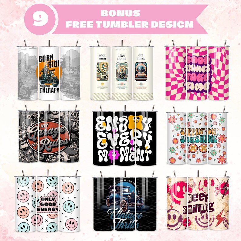 Pode incluir: Uma cole&ccedil;&atilde;o de nove canecas de a&ccedil;o inoxid&aacute;vel com v&aacute;rios designs. Os designs incluem uma motocicleta, um carro vintage, rostos sorridentes e cita&ccedil;&otilde;es inspiradoras como "Enjoy Every Moment" e "Good Things Take Time".