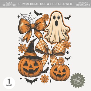 Pode incluir: Um design digital com ilustra&ccedil;&otilde;es tem&aacute;ticas de Halloween. O design inclui uma ab&oacute;bora, um fantasma, la&ccedil;os, morcegos e flores nas cores laranja, preto e creme. O texto "ALLY DESIGN CO" e "COMMERCIAL USE & POD ALLOWED" &eacute; vis&iacute;vel.