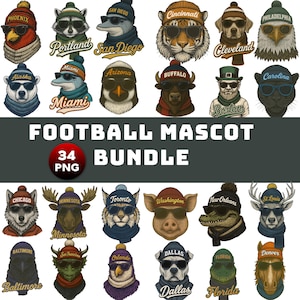 May include: A collection of 20 illustrated football mascot designs, each featuring an animal wearing sunglasses and a beanie with a city name. The image includes text that reads "FOOTBALL MASCOT BUNDLE" and "34 PNG".
