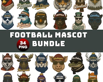 Pacote de mascotes de futebol PNG, 34 logotipos de animais de cidades americanas (download digital)