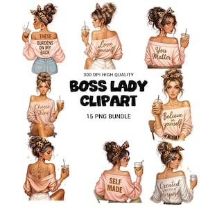 Puede incluir: Un paquete de imágenes prediseñadas digitales con ilustraciones de mujeres con citas inspiradoras en sus tops. Las mujeres están representadas con tazas de café y cintas para el pelo con estampado de leopardo. También se incluye el texto "BOSS LADY CLIPART" y "15 PNG BUNDLE".