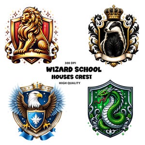 May include: Four crests with a wizard school theme. The crests feature a lion, badger, eagle, and snake, each with a unique design and color scheme. Text on the image reads "WIZARD SCHOOL HOUSES CREST HIGH QUALITY."
