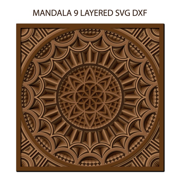 Geometric Mandala Square 9 Layer Multilyer 3d Laser Cut Paper Wood Metal Cricut Silhouette Vectoral SVG DXF File Multilayer Wall Art