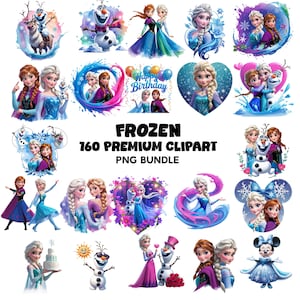 Può includere: Una collezione di immagini clipart colorate a tema Frozen. Le immagini presentano Elsa, Anna, Olaf e altri personaggi del film. Il testo "FROZEN 160 PREMIUM CLIPART PNG BUNDLE" è visualizzato.