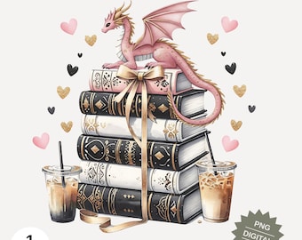 Könnte beinhalten: Digitales Design mit einem rosa Drachen auf einem Stapel Bücher, die mit einem goldenen Band gebunden sind. Die Bücher sind schwarz und weiß mit goldenen Akzenten. Zwei Eiskaffees und herzförmige Akzente vervollständigen die Illustration. Text enthält "ALLY DESIGN CO" und "COMMERCIAL USE & POD ALLOWED".
