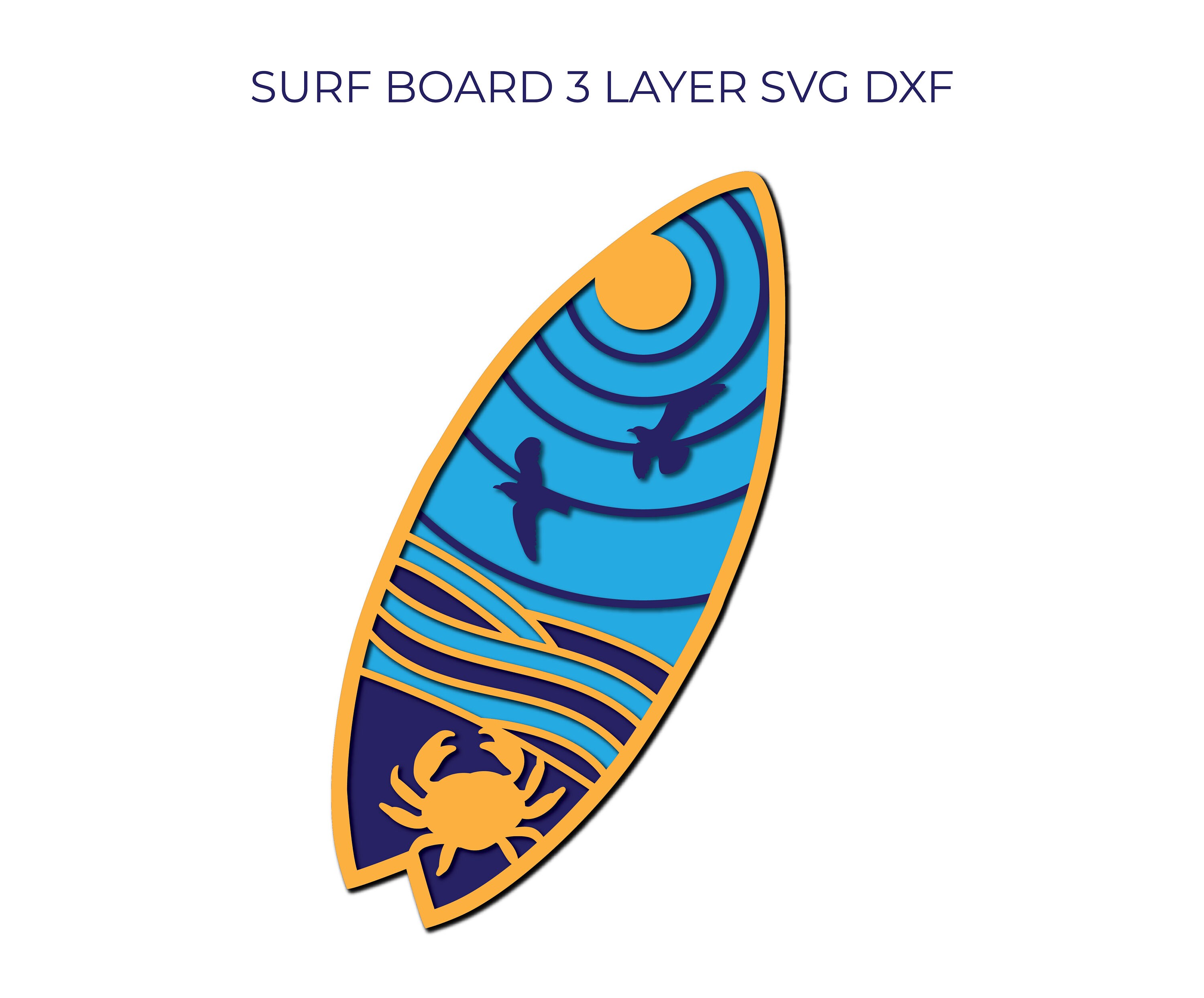Surf Board 3 Layered 3d Laser Cut Paper Wood Metal Laser Cut Cricut Silhouette Vectoral SVG DXF