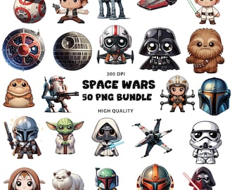 May include: A collection of cartoon illustrations of characters and vehicles from the Space Wars franchise. The image includes characters like Darth Vader, Yoda, and Luke Skywalker, along with the text "SPACE WARS 50 PNG BUNDLE HIGH QUALITY."