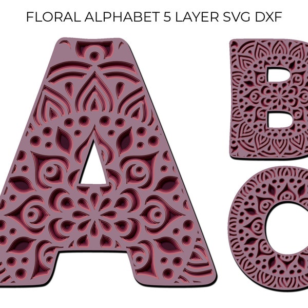 Floral Alphabet 5 Layered 3d Laser Cut Paper Wood Metal Cricut Silhouette Vectoral SVG DXF File ABC Spring Flower Line Wood Art