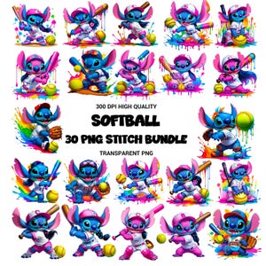 Puede incluir: Colección de imágenes de Stitch, personaje de dibujos animados, en poses de softbol. Stitch lleva uniformes de softbol azules y rosas, sosteniendo bates y pelotas, con las palabras "SOFTBALL" y "30 PNG STITCH BUNDLE".