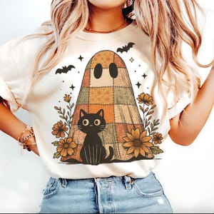 Patchwork Ghost & Black Cat PNG: Halloween T-Shirt Design (Digital Download