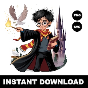 May include: Illustration of a young wizard with glasses, holding a wand with a flame, and a book. A snowy owl flies nearby. The wizard wears a black robe, a red and gold scarf, and stands in front of a castle. Text at the bottom says "INSTANT DOWNLOAD".