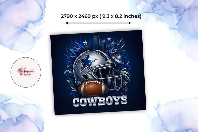 Pode incluir: Impress&atilde;o de arte digital com um capacete de futebol americano prateado com uma estrela azul, duas bolas de futebol e a palavra "COWBOYS" em prata. O fundo &eacute; azul escuro com uma linha do horizonte da cidade e efeitos de explos&atilde;o estelar.