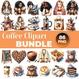 Puede incluir: Un paquete de arte digital con ilustraciones temáticas de café. La imagen incluye retratos de mujeres, equipos para hacer café, granos de café y productos horneados. El texto "Coffee Clipart Bundle" se muestra, junto con "86 PNG".