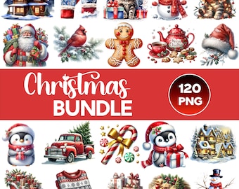 Pacote de clipart PNG de Natal: Papai Noel, animais, suéteres (download digital)
