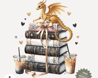 Könnte beinhalten: Ein goldener Drache sitzt auf einem Stapel Bücher, die mit einem Band zusammengebunden sind. Die Bücher sind schwarz, weiß und rosa mit goldenen Akzenten. Zwei Eiskaffee-Getränke und Herzformen vervollständigen die Illustration. Text enthält "ALLY DESIGN CO", "COMMERCIAL USE & POD ALLOWED", "INSTANT DOWNLOAD" und "PNG DIGITAL DESIGN."