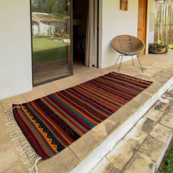 Colored rug/hand woven/Oaxaca wool rug. 32inW x 79inL