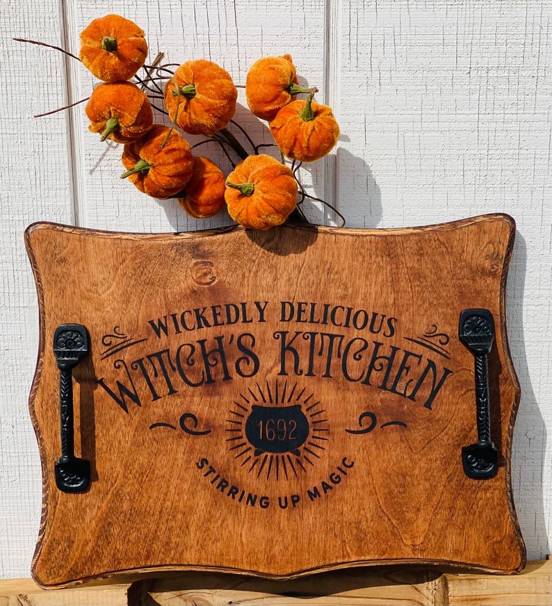 Witches Kitchen, Coffee Bar Tray, Spooky Decor, Halloween Serving Tray, Wooden Serving Tray, Serving Tray With Handles, Burned Wood Decor 