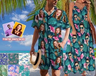 Custom Face Hawaiian Shirt,Personalized Image Long dress,Photo Men Shirt,Women Dress,Flower Logo Hawaiian Shorts,Couple Wear,Party Dress-up