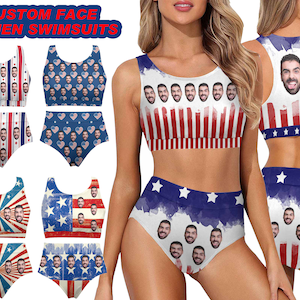 Custom Face Swimsuit USA Flag for Independence Day Personalized Photo Bathing Suit Bachelorette Swimming Suits Girlfriend Wife Gift Swimwear