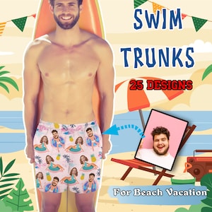 Custom Face Swim Trunk Personalized Photo Men&#39;s Beach Swim Shorts Hawaiian Short for Dad Bachelor Party Father&#39;s Day Trip Vacation Gift