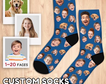 May include: A pair of blue custom socks with black heels and toes. The socks are covered with faces and dog images. The words "CUSTOM SOCKS" and "50+ Colors" are printed at the bottom. Three polaroid photos are in the background.