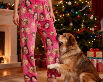 Aangepaste pyjamabroek met gezicht, gepersonaliseerde fleece loungebroek met foto, kerstcadeau