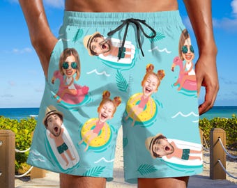 Custom Face Men's Swim Trunks, Personalized Photo Beach Shorts