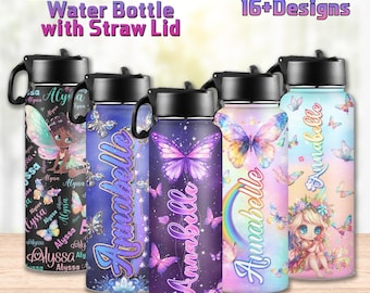 Custom Name Insulated Water Bottle, Butterfly Design, 18oz Travel Bottle