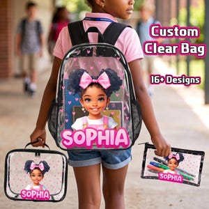 May include: A clear backpack, a lunch bag, and a pencil case featuring a cartoon illustration of a girl with dark curly hair, a pink bow, and the name SOPHIA printed in pink. The items have black trim and mesh side pockets on the backpack.