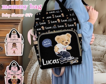 Personalisierte wasserdichte Wickeltasche Rucksack: Afro Mädchen, Bär, Muttertagsgeschenk