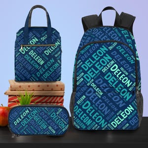 Mochila escolar personalizada con nombre, mochila con texto personalizado, lonchera portátil, estuche para lápices, regalo de vuelta al cole, mochila de viaje, juego de tres piezas