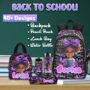 Personalized Afro Black Girl Book Bag,Custom Name Backpack,Teen backpack,Back to School,Butterfly Schoolbag,Lunch Bag/Bottle,Gift for Girls