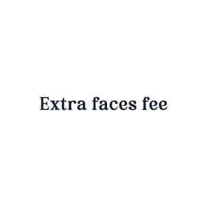 Puede incluir: Texto que dice "Extra faces fee" en una fuente azul oscura.