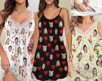 Custom Face Nightdress,Women's Cami Nightdresses,Customized Photo Sleepwear,V-Neck Lace Short Pajama,Dog face pajama,Gift for Her,for mom