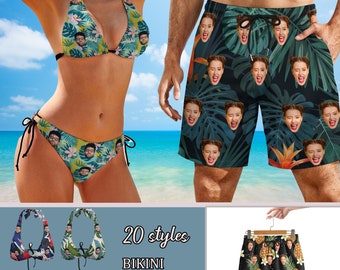 Custom Couple Swimwear,Personalized Face Bikini,Faces on Swim Trunk, Men's Hawaiian Beach Swim Shorts,Women's Bikini Set,Gift for Her&Him