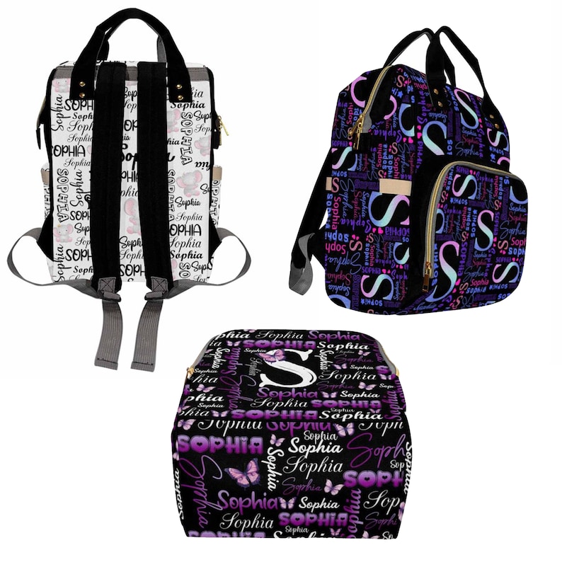 K&ouml;nnte beinhalten: Drei verschiedene Stile von schwarzen und wei&szlig;en gemusterten Wickeltaschen mit dem Namen "Sophia", der in lila und rosa Schrift wiederholt wird. Die Taschen haben goldene Rei&szlig;verschl&uuml;sse und schwarze Tr&auml;ger. Eine Tasche hat ein Schmetterlingsdesign.