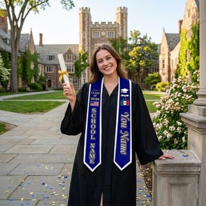 May include: A smiling graduate in a black gown holds a diploma with a gold ribbon. She wears a blue and white sash with the text "Class of 2026", the American flag, and "School Name". The sash also has the Mexican flag and "Your Name".
