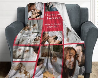 May include: A red and white photo collage blanket with a couple's photos and the text "I Love You Forever Mike & Emma 2020-2022".