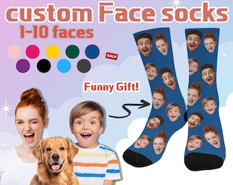 May include: A pair of blue socks with a custom face design. The socks feature 1-10 faces, with the option to add your own photos. The socks are a fun and unique gift idea.