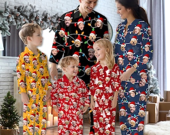 Personligt julpyjamasset med ansikte, anpassad familjepyjamas med foto