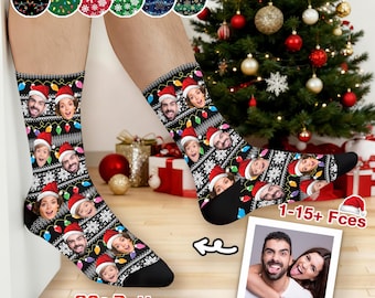 May include: Black Christmas socks featuring faces, Santa hats, and string lights. The socks have a snowflake pattern and the text "80+ Patterns" and "1-15+ Fces". A Christmas tree and gifts are in the background.