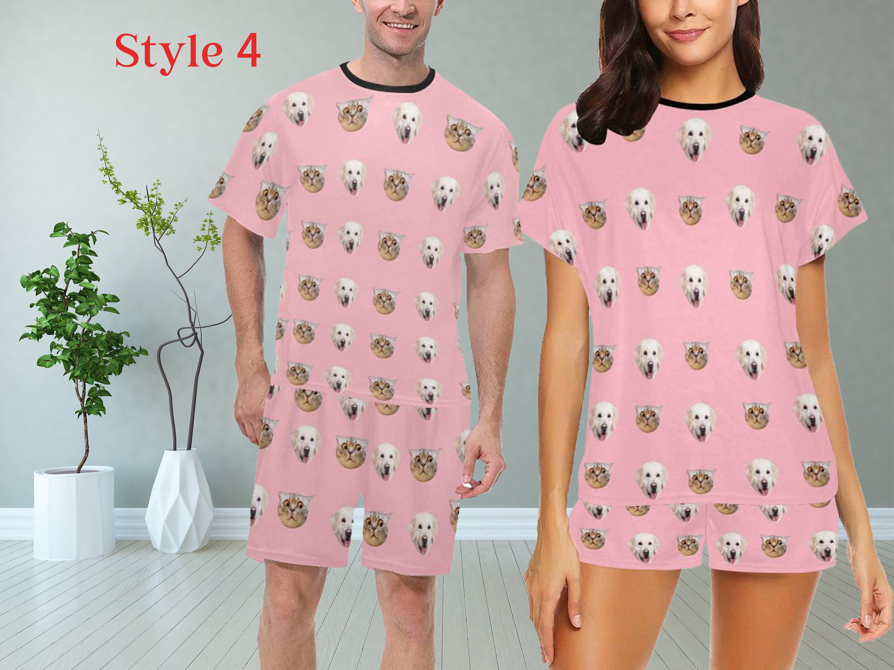 Pyjama Personnalisé Avec Photo - Homme/Femme - Tissu Soie De Lait - Manches Courtes, Col V - Choix De Taille