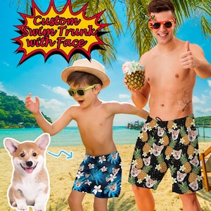 Custom Swim Shorts with Dog Face,Personalized Pic Men&#39;s Beach Swim Trunk,Youth Hawaiian Shorts,Bachelor Party,Vacation Gift,Beach Shorts